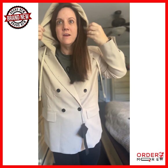 Women's Tweed Blazer Hooded Double-Breasted Oversized Work Jacket - Picture 8 of 8